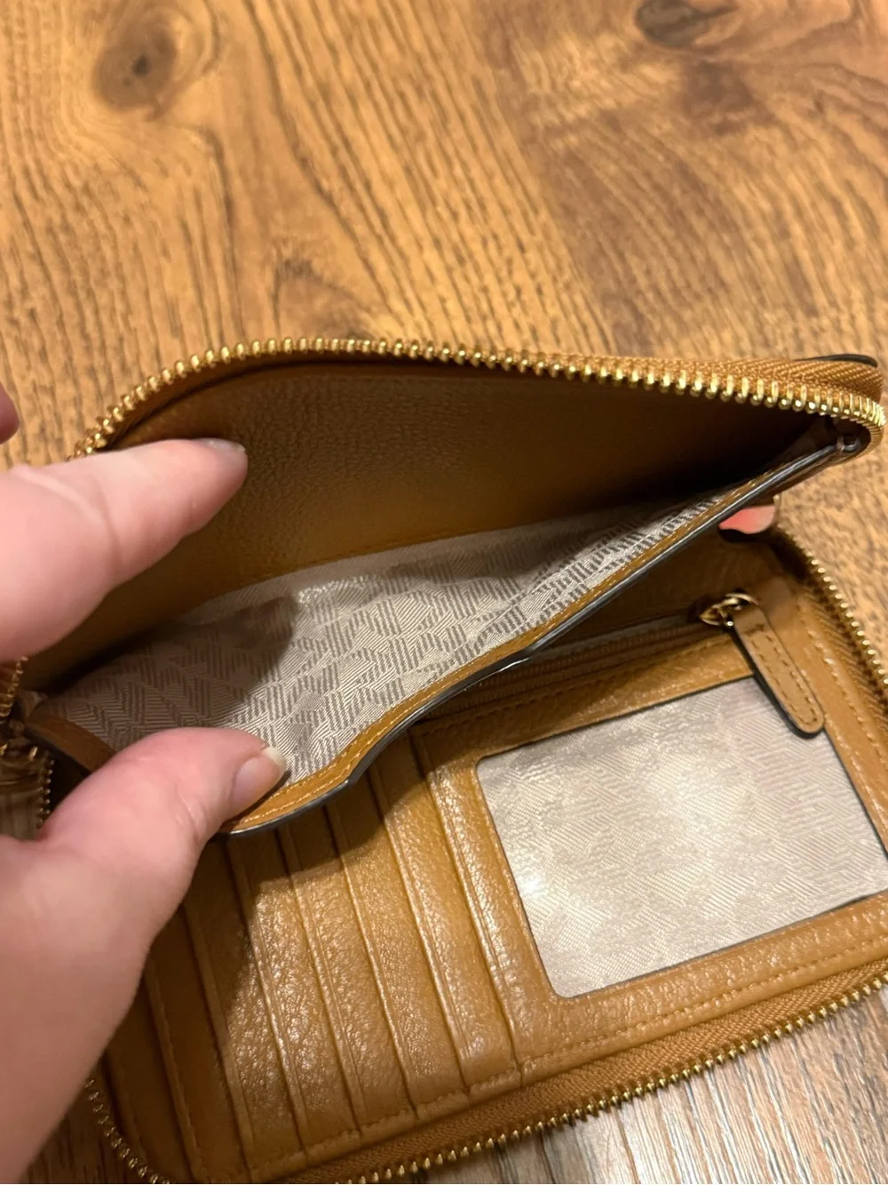 Michael Kors Tan Brown Leather MK Logo Zip Wristlet